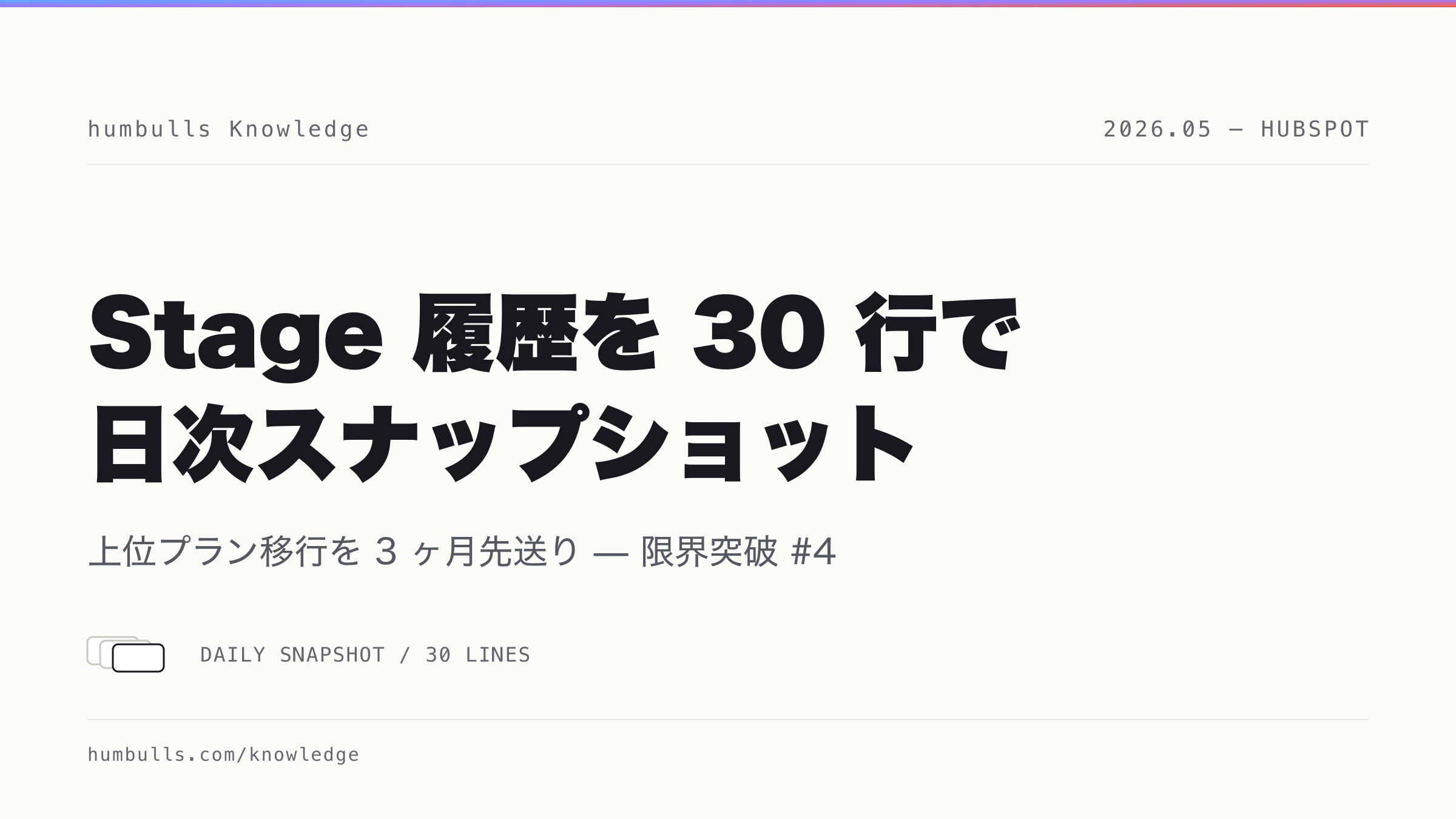 HubSpot Stage History を Apps Script 30 行で日次 Snapshot — 上位プラン移行を 3 ヶ月先送り