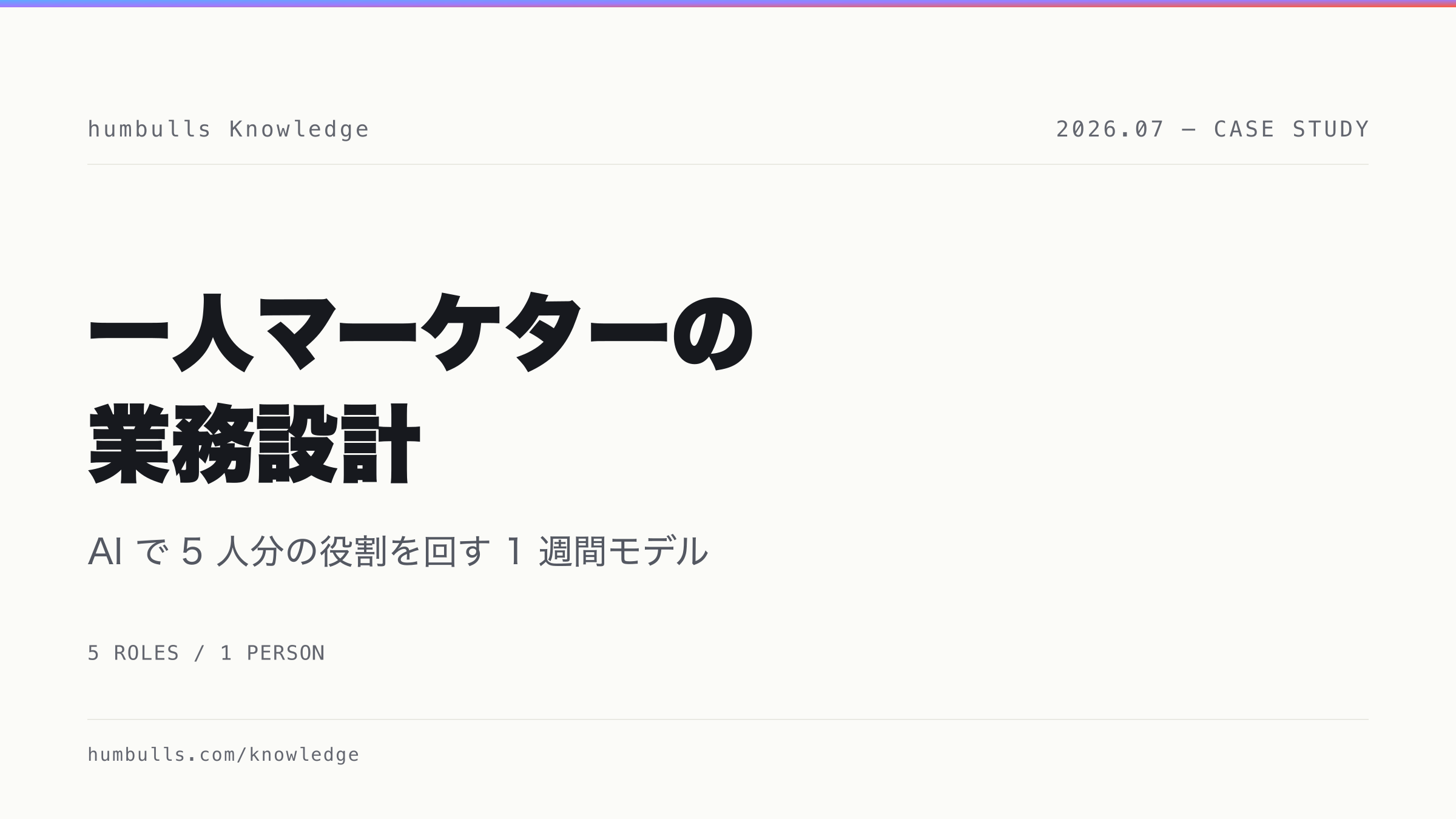 一人マーケターの業務設計 — AI で 5 人分の役割を回す 1 週間モデル